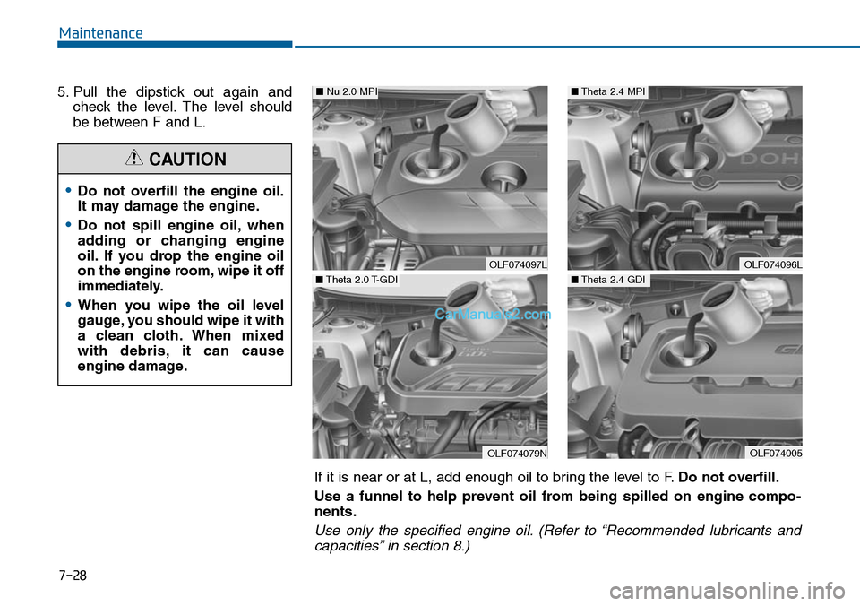 Hyundai Sonata 2014  Owners Manual 7-28
Maintenance
5. Pull  the  dipstick  out  again  and
check  the  level. The  level  should
be between F and L.
•Do  not  overfill  the  engine  oil.
It may damage the engine.
•Do  not  spill  