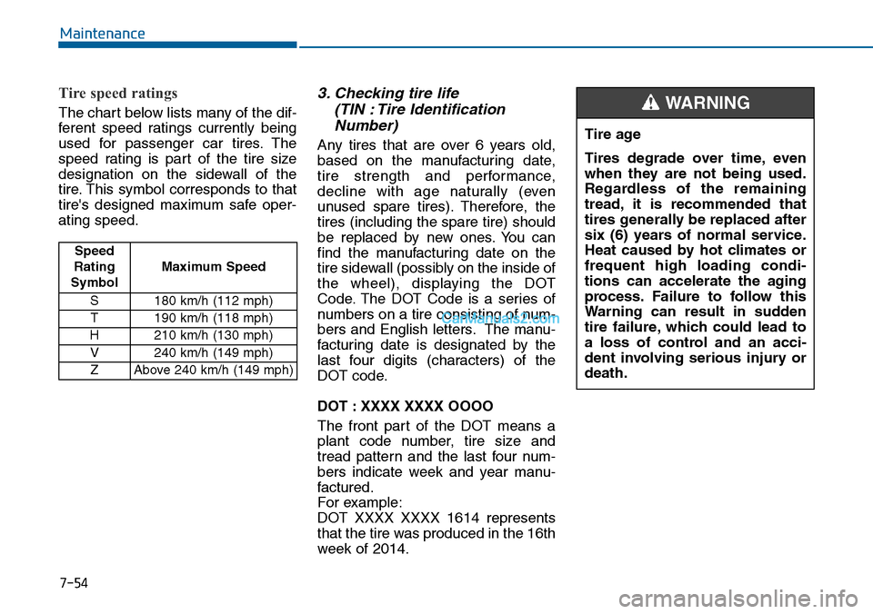 Hyundai Sonata 2014  Owners Manual 7-54
Maintenance
Tire speed ratings  
The chart below lists many of the dif-
ferent  speed  ratings  currently  being
used  for  passenger  car  tires. The
speed  rating  is  part  of  the  tire  size