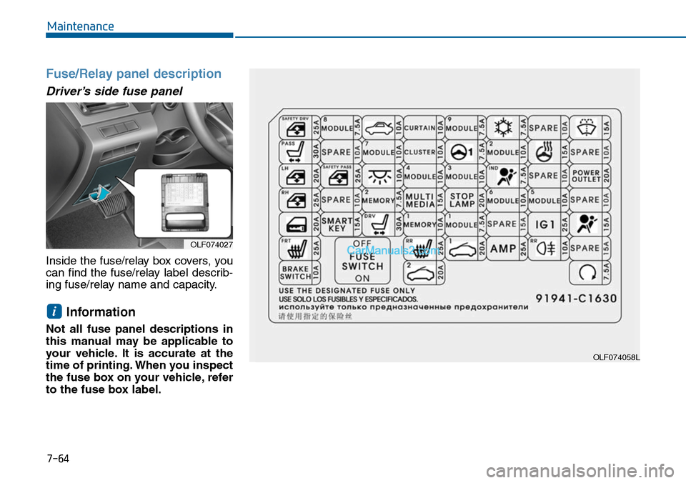 Hyundai Sonata 2014  Owners Manual 7-64
Maintenance
Fuse/Relay panel description
Driver’s side fuse panel
Inside the fuse/relay box covers, you
can  find  the  fuse/relay  label  describ-
ing fuse/relay name and capacity.
Information