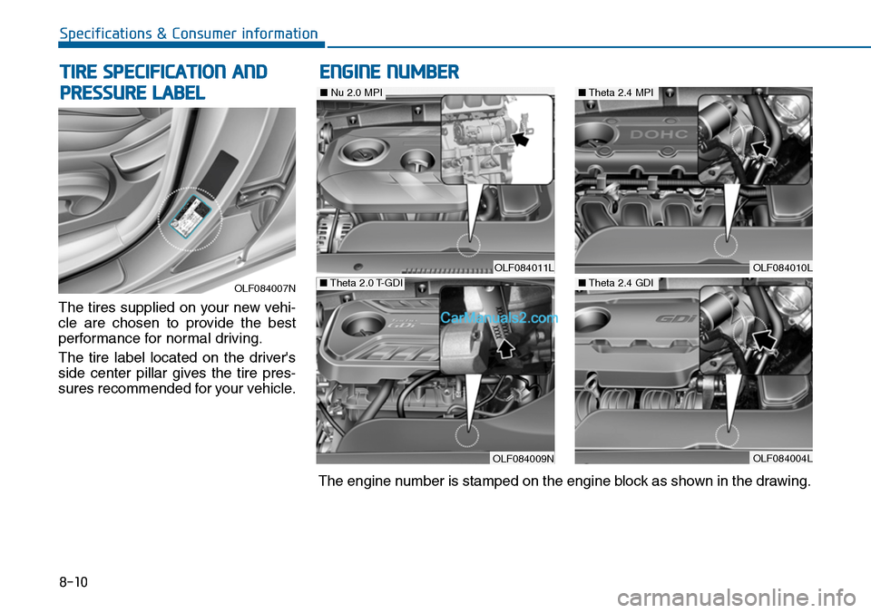 Hyundai Sonata 2014  Owners Manual 8-10
Specifications & Consumer information
The tires supplied on your new vehi-
cle  are  chosen  to  provide  the  best
performance for normal driving.
The  tire  label  located  on  the  drivers
si