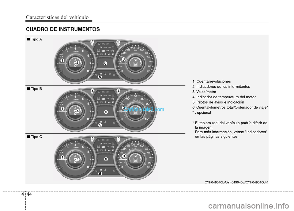 Hyundai Sonata 2014  Manual del propietario (in Spanish) Características del vehículo
44 4
CUADRO DE INSTRUMENTOS
OYF049040L/OYF049040E/OYF049040C-1
■Tipo A
■Tipo B
■Tipo C
1. Cuentarrevoluciones
2. Indicadores de los intermitentes
3. Velocímetro
4