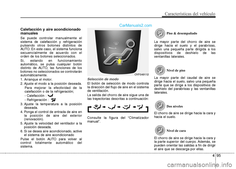 Hyundai Sonata 2014  Manual del propietario (in Spanish) 495
Características del vehículo
Calefacción y aire acondicionado
manuales
Se puede controlar manualmente el
sistema de calefacción y refrigeración
pulsando otros botones distintos de
AUTO. En es