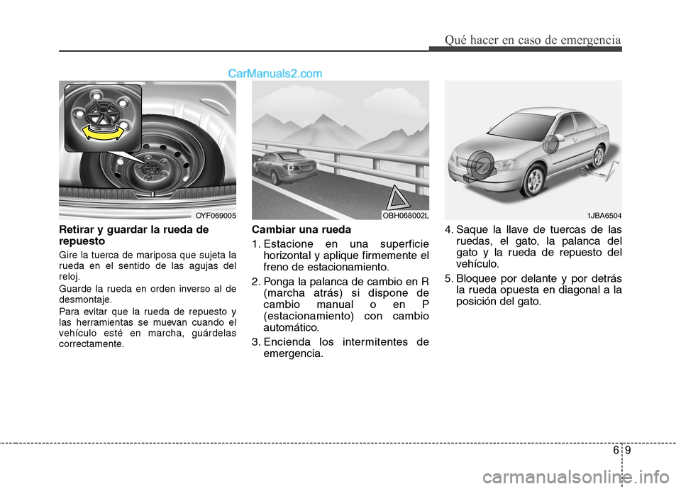 Hyundai Sonata 2014  Manual del propietario (in Spanish) 69
Qué hacer en caso de emergencia
Retirar y guardar la rueda de
repuesto
Gire la tuerca de mariposa que sujeta la
rueda en el sentido de las agujas del
reloj.
Guarde la rueda en orden inverso al de
