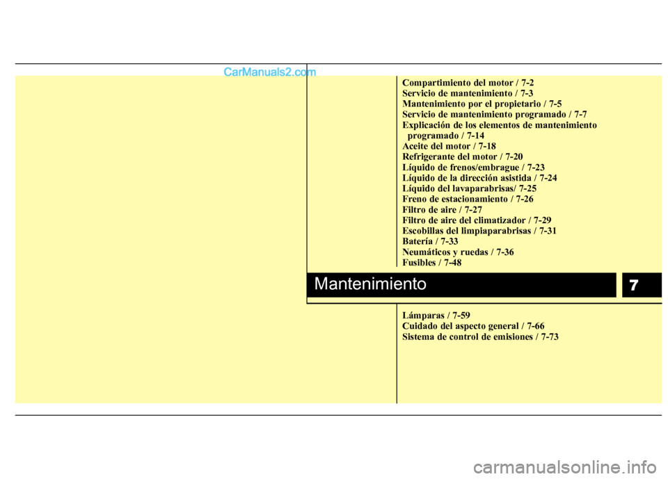 Hyundai Sonata 2014  Manual del propietario (in Spanish) 7
Compartimiento del motor / 7-2
Servicio de mantenimiento / 7-3
Mantenimiento por el propietario / 7-5
Servicio de mantenimiento programado / 7-7
Explicación de los elementos de mantenimiento 
progr