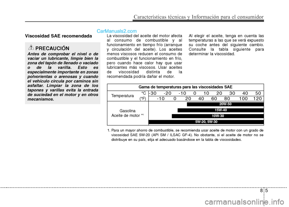 Hyundai Sonata 2014 Manual del propietario (in Spanish) 85
Características técnicas y Información para el consumidor
Viscosidad SAE recomendadaLa viscosidad del aceite del motor afecta
al consumo de combustible y al
funcionamiento en tiempo frío (arran Hyundai Sonata 2014 Manual del propietario (in Spanish) 85
Características técnicas y Información para el consumidor
Viscosidad SAE recomendadaLa viscosidad del aceite del motor afecta
al consumo de combustible y al
funcionamiento en tiempo frío (arran