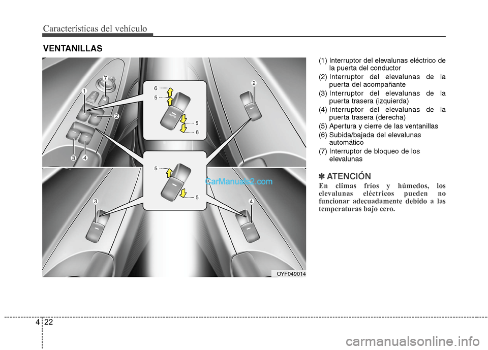 Hyundai Sonata 2014  Manual del propietario (in Spanish) Características del vehículo
22 4
(1) Interruptor del elevalunas eléctrico de
la puerta del conductor
(2) Interruptor del elevalunas de la
puerta del acompañante
(3) Interruptor del elevalunas de 