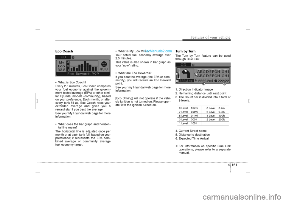 Hyundai Sonata 2013  Owners Manual 4 161
Features of your vehicle
Eco Coach What is Eco Coach?
Every 2.5 minutes, Eco Coach compares
your fuel economy against the govern-
ment tested average (EPA) or other simi-
lar Hyundai models (co