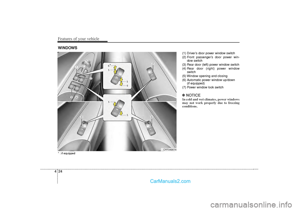 Hyundai Sonata 2012  Owners Manual Features of your vehicle24
4
(1) Driver’s door power window switch
(2) Front passenger’s door power win-
dow switch
(3) Rear door (left) power window switch
(4)  Rear door (right) power window
swi