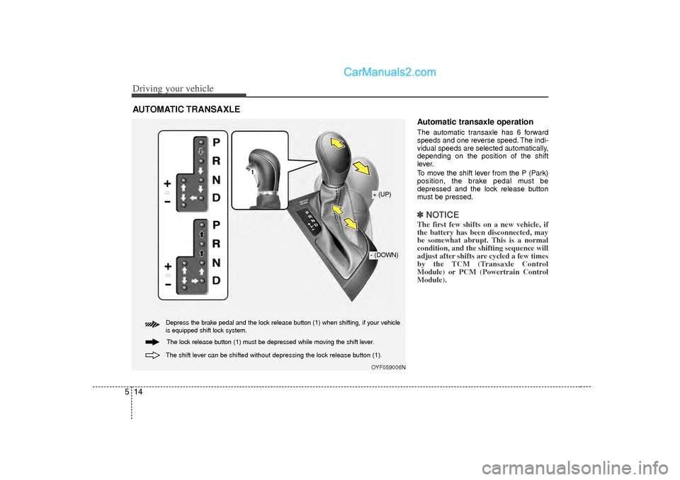 Hyundai Sonata 2012  Owners Manual Driving your vehicle14
5
Automatic transaxle operationThe automatic transaxle has 6 forward
speeds and one reverse speed. The indi-
vidual speeds are selected automatically,
depending on the position 