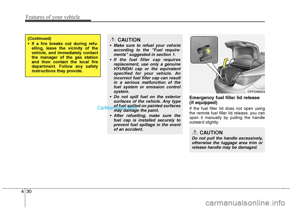 Hyundai Sonata 2012  Owners Manual - RHD (UK, Australia) Features of your vehicle
30
4
Emergency fuel filler lid release (if equipped) If the fuel filler lid does not open using 
the remote fuel filler lid release, you can
open it manually by pulling the ha