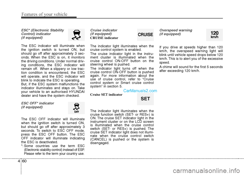 Hyundai Sonata 2012  Owners Manual - RHD (UK, Australia) Features of your vehicle
60
4
ESC* (Electronic Stability
Control) indicator (if equipped)
The ESC indicator will illuminate when 
the ignition switch is turned ON, but
should go off after approximatel