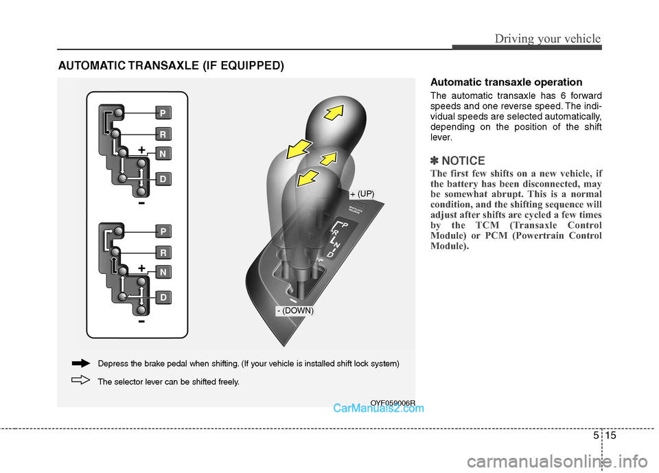 Hyundai Sonata 2012  Owners Manual - RHD (UK, Australia) 515
Driving your vehicle
Automatic transaxle operation 
The automatic transaxle has 6 forward 
speeds and one reverse speed. The indi-
vidual speeds are selected automatically,depending on the positio