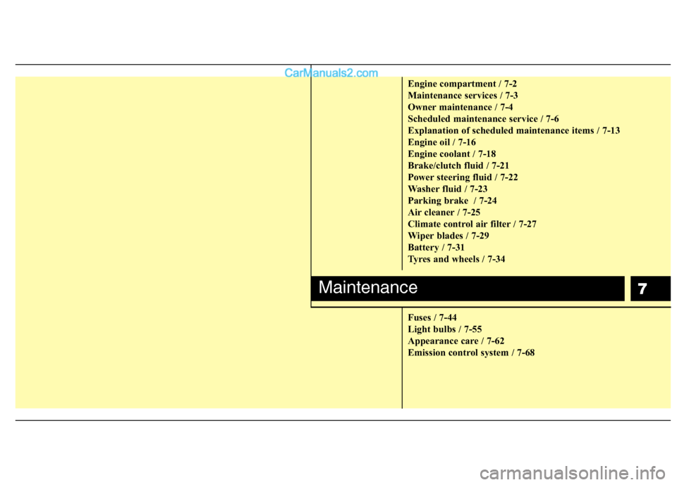 Hyundai Sonata 2012  Owners Manual - RHD (UK, Australia) 7
Engine compartment / 7-2 
Maintenance services / 7-3
Owner maintenance / 7-4
Scheduled maintenance service / 7-6
Explanation of scheduled maintenance items / 7-13
Engine oil / 7-16
Engine coolant / 
