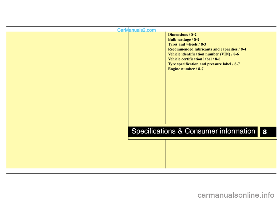 Hyundai Sonata 2012  Owners Manual - RHD (UK, Australia) 8
Dimensions / 8-2 
Bulb wattage / 8-2
Tyres and wheels / 8-3
Recommended lubricants and capacities / 8-4
Vehicle identification number (VIN) / 8-6
Vehicle certification label / 8-6
Tyre specification