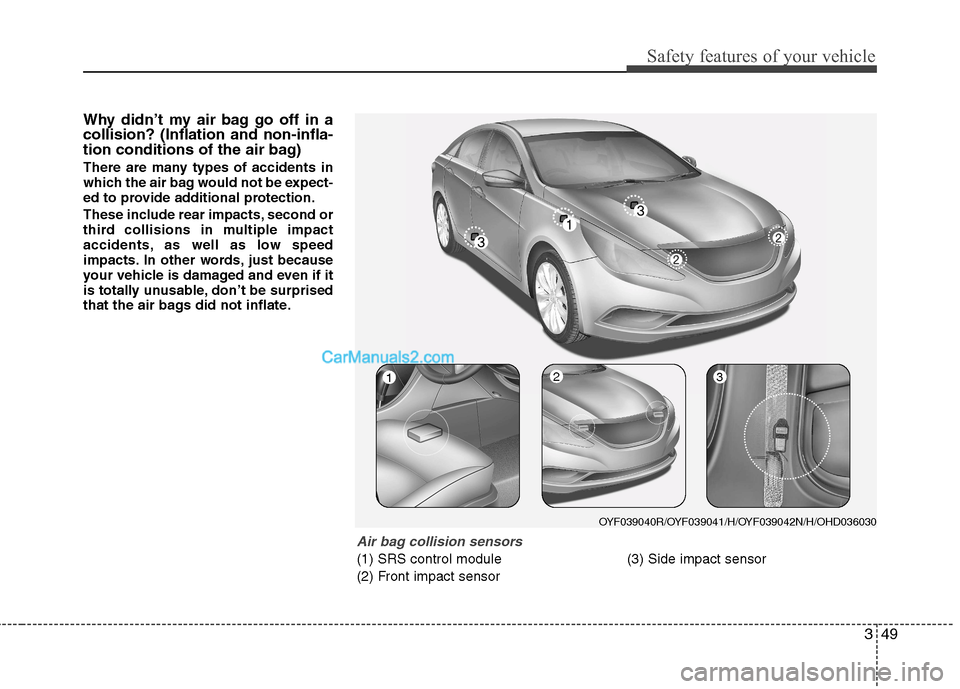 Hyundai Sonata 2012  Owners Manual - RHD (UK, Australia) 349
Safety features of your vehicle
Why didn’t my air bag go off in a collision? (Inflation and non-infla-
tion conditions of the air bag) 
There are many types of accidents in 
which the air bag wo