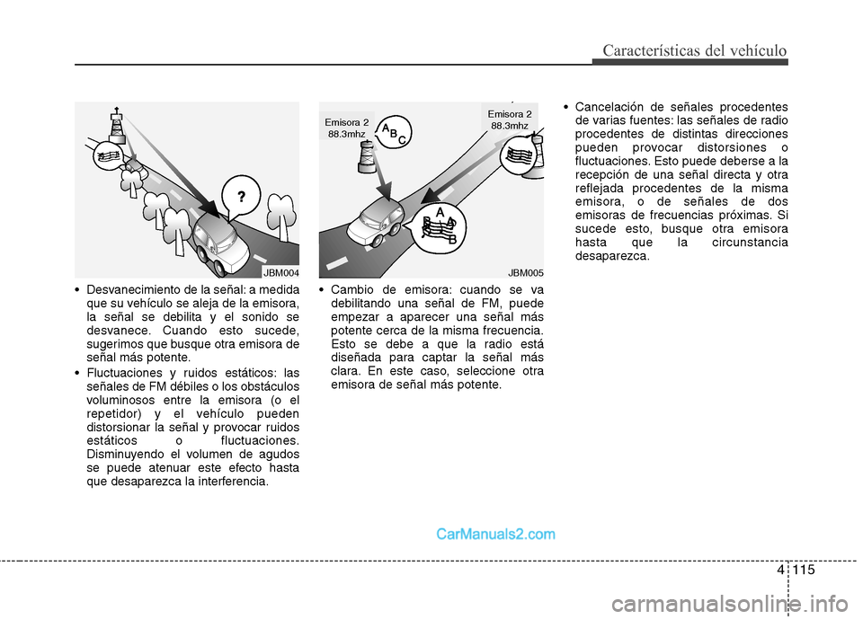 Hyundai Sonata 2012  Manual del propietario (in Spanish) 4115
Características del vehículo
 Desvanecimiento de la señal: a medidaque su vehículo se aleja de la emisora, la señal se debilita y el sonido se
desvanece. Cuando esto sucede,
sugerimos que bu