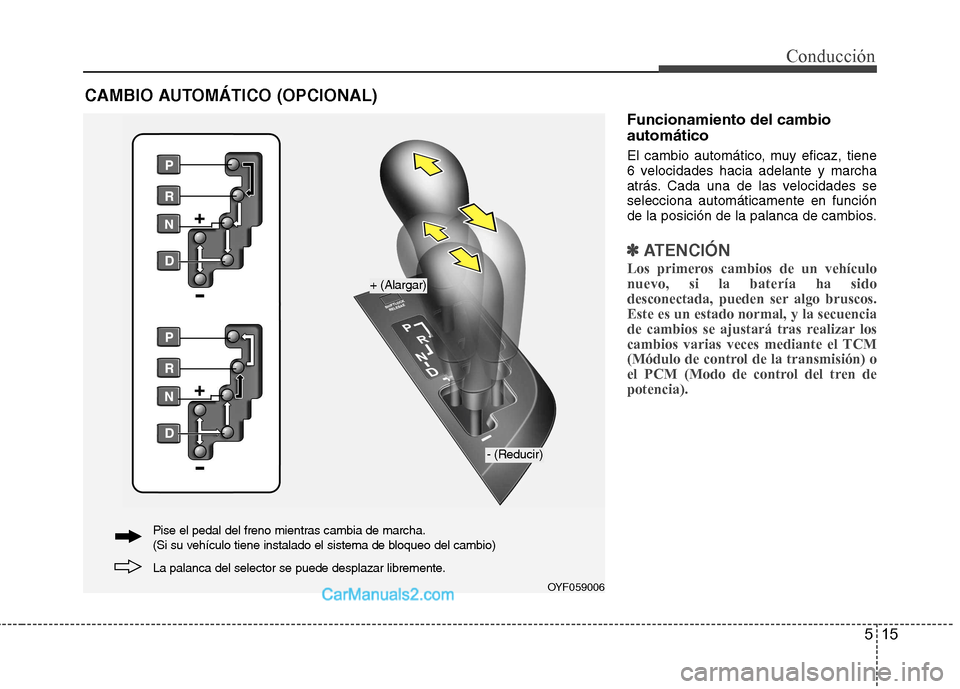 Hyundai Sonata 2012  Manual del propietario (in Spanish) 515
Conducción
Funcionamiento del cambio automático 
El cambio automático, muy eficaz, tiene 
6 velocidades hacia adelante y marcha
atrás. Cada una de las velocidades seselecciona automáticamente