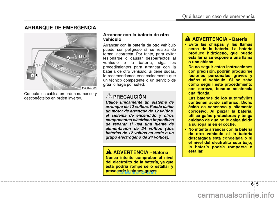Hyundai Sonata 2012  Manual del propietario (in Spanish) 65
Qué hacer en caso de emergencia
ARRANQUE DE EMERGENCIA
Conecte los cables en orden numérico y 
desconéctelos en orden inverso. Arrancar con la batería de otro vehículo 
Arrancar con la baterí