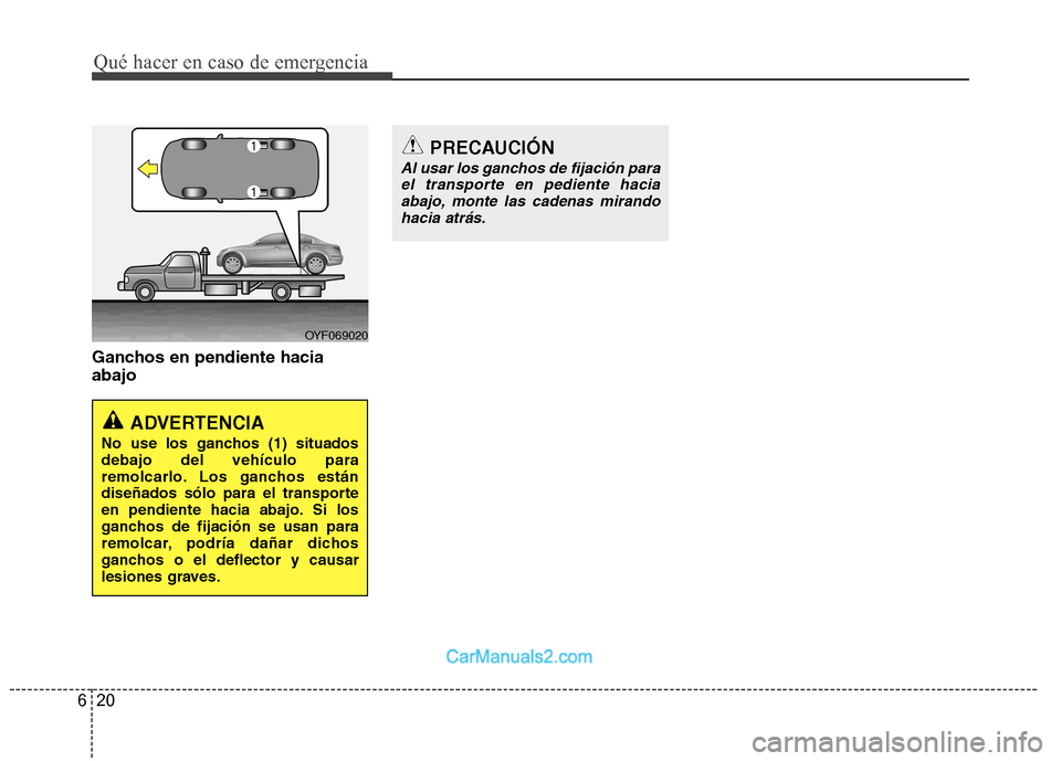 Hyundai Sonata 2012  Manual del propietario (in Spanish) Qué hacer en caso de emergencia
20
6
Ganchos en pendiente hacia abajo
PRECAUCIÓN
Al usar los ganchos de fijación para
el transporte en pediente haciaabajo, monte las cadenas mirando
hacia atrás.
A