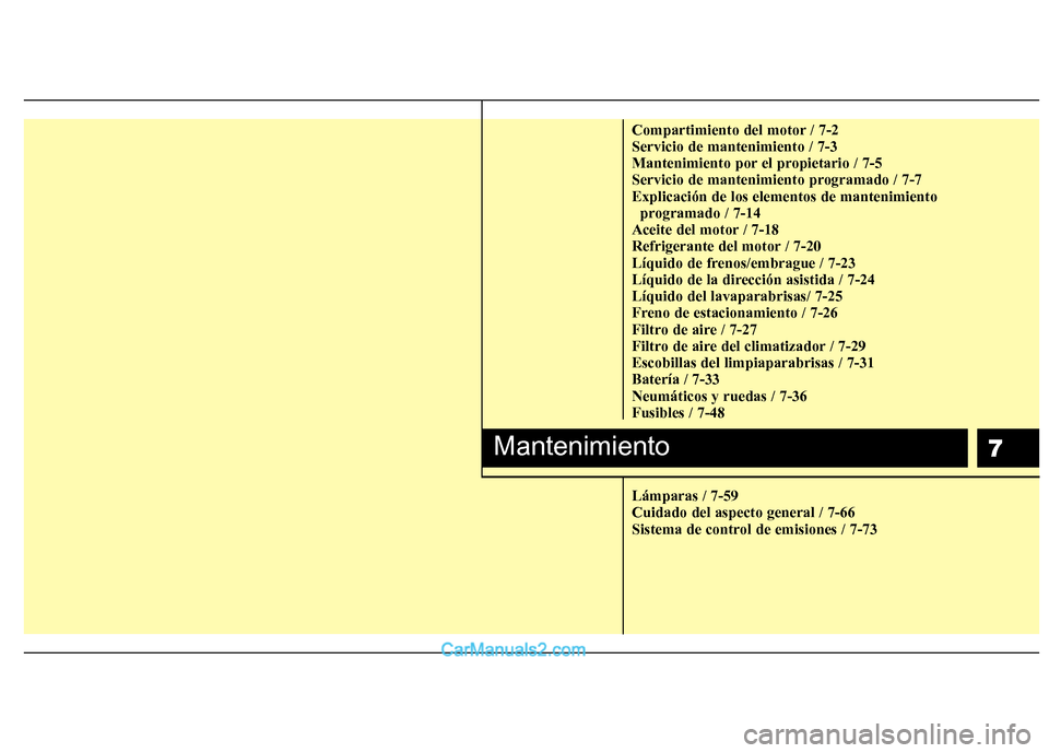 Hyundai Sonata 2012  Manual del propietario (in Spanish) 7
Compartimiento del motor / 7-2 Servicio de mantenimiento / 7-3
Mantenimiento por el propietario / 7-5
Servicio de mantenimiento programado / 7-7Explicación de los elementos de mantenimiento program