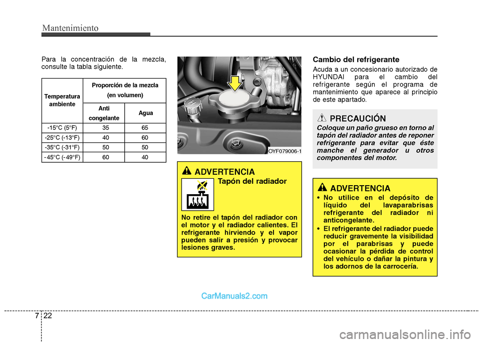Hyundai Sonata 2012  Manual del propietario (in Spanish) Mantenimiento
22
7
Para la concentración de la mezcla, 
consulte la tabla siguiente. Cambio del refrigerante 
Acuda a un concesionario autorizado de 
HYUNDAI para el cambio del
refrigerante según el