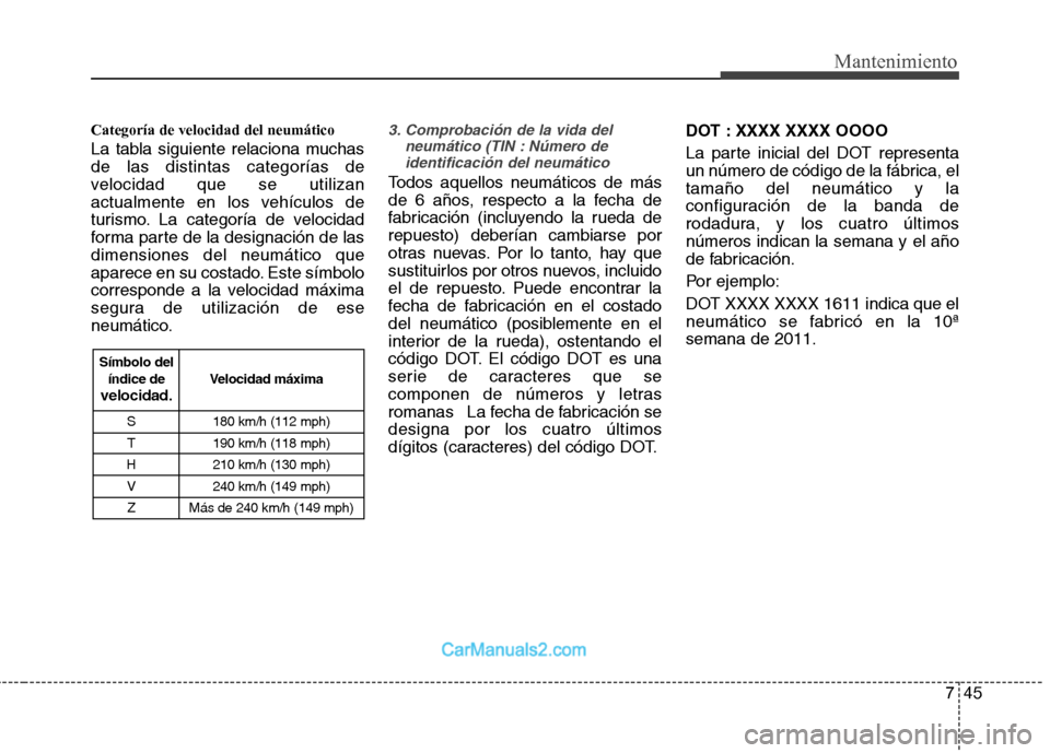 Hyundai Sonata 2012  Manual del propietario (in Spanish) 745
Mantenimiento
Categoría de velocidad del neumático 
La tabla siguiente relaciona muchas de las distintas categorías de
velocidad que se utilizan
actualmente en los vehículos de
turismo. La cat