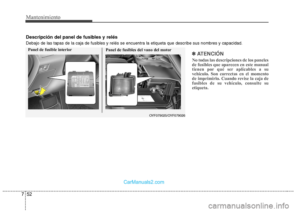 Hyundai Sonata 2012  Manual del propietario (in Spanish) Mantenimiento
52
7
✽✽   
ATENCIÓN
No todas las descripciones de los paneles 
de fusibles que aparecen en este manual
tienen por qué ser aplicables a su
vehículo. Son correctas en el momento
de 