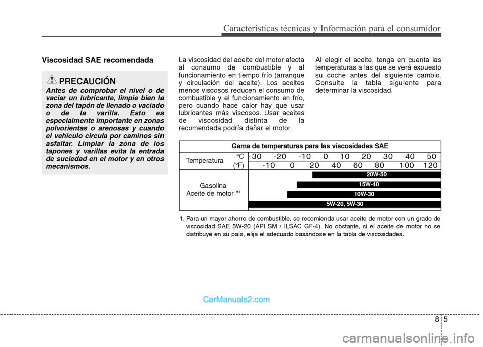 Hyundai Sonata 2012  Manual del propietario (in Spanish) 85
Características técnicas y Información para el consumidor
Viscosidad SAE recomendadaLa viscosidad del aceite del motor afecta 
al consumo de combustible y al
funcionamiento en tiempo frío (arra