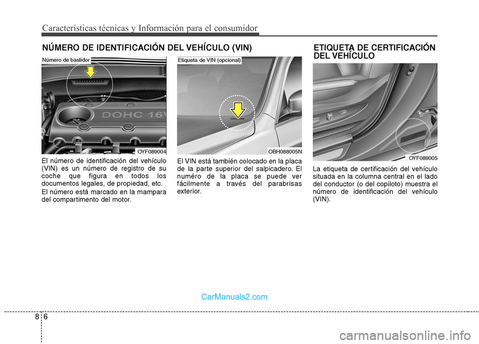 Hyundai Sonata 2012  Manual del propietario (in Spanish) 6
8
Características técnicas y Información para el consumidor
El número de identificación del vehículo (VIN) es un número de registro de su
coche que figura en todos los
documentos legales, de 