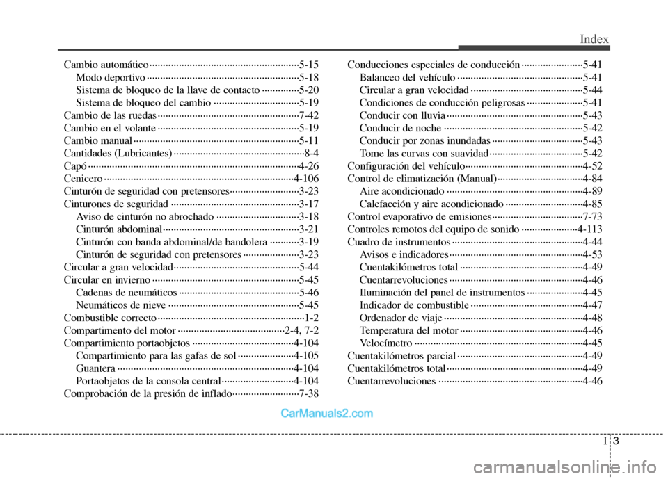 Hyundai Sonata 2012  Manual del propietario (in Spanish) I3
Index
Cambio automático ························································5-15
Modo deportivo ····················