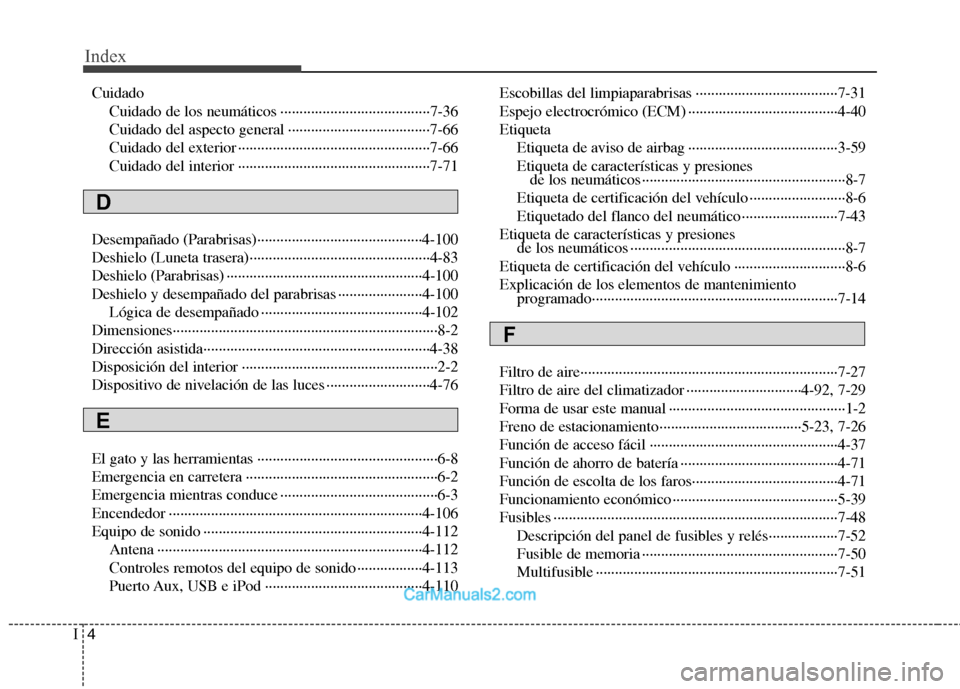 Hyundai Sonata 2012  Manual del propietario (in Spanish) Index
4
I
Cuidado
Cuidado de los neumáticos ·······································7-36 
Cuidado del aspecto general ·····················