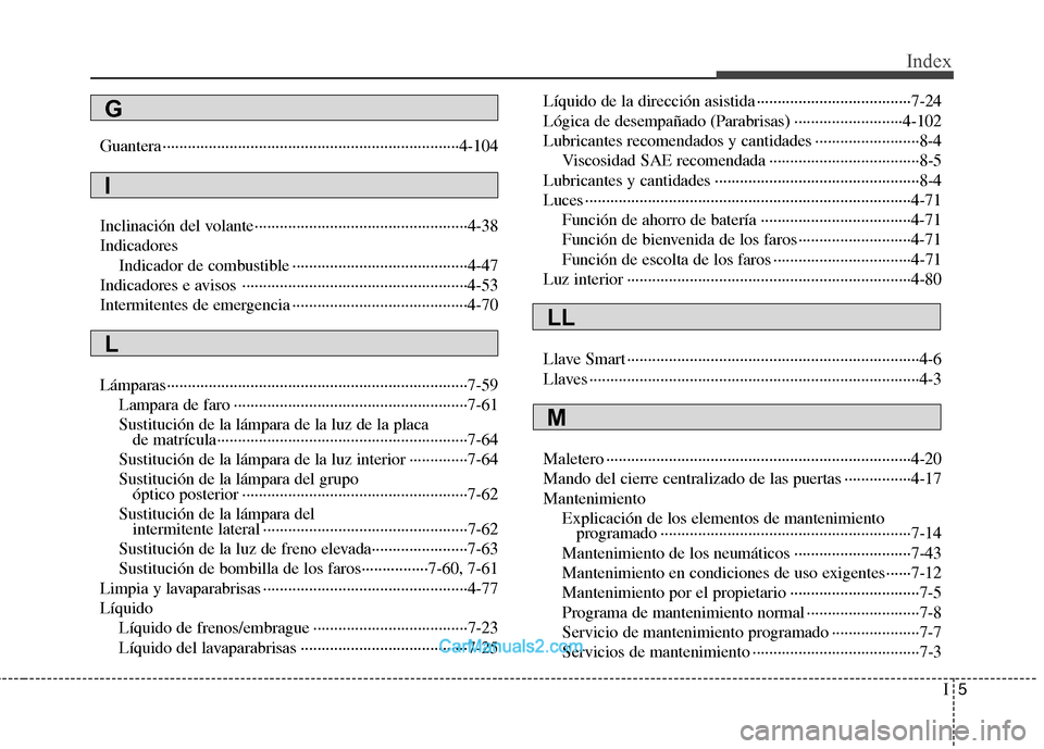 Hyundai Sonata 2012  Manual del propietario (in Spanish) I5
Index
Guantera ·······································································4-104 
Inclinación del volante····