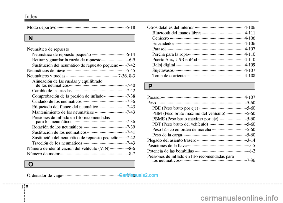 Hyundai Sonata 2012  Manual del propietario (in Spanish) Index
6
I
Modo deportivo······························································5-18 Neumático de repuesto
Neumático de repuesto p