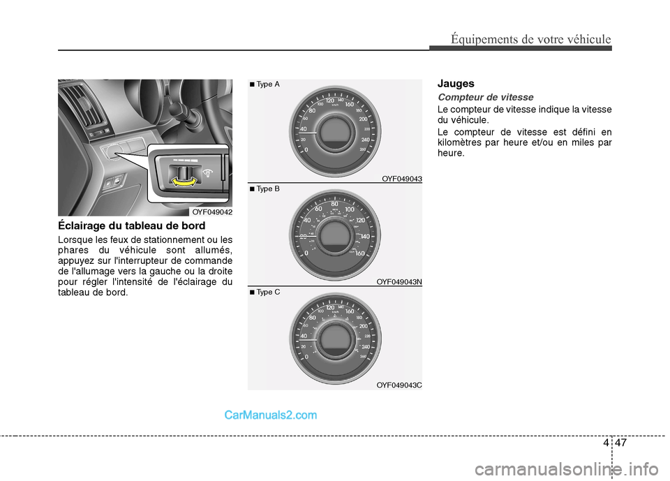 Hyundai Sonata 2012  Manuel du propriétaire (in French) 447
Équipements de votre véhicule
Éclairage du tableau de bord 
Lorsque les feux de stationnement ou les 
phares du véhicule sont allumés,
appuyez sur linterrupteur de commande
de lallumage ver
