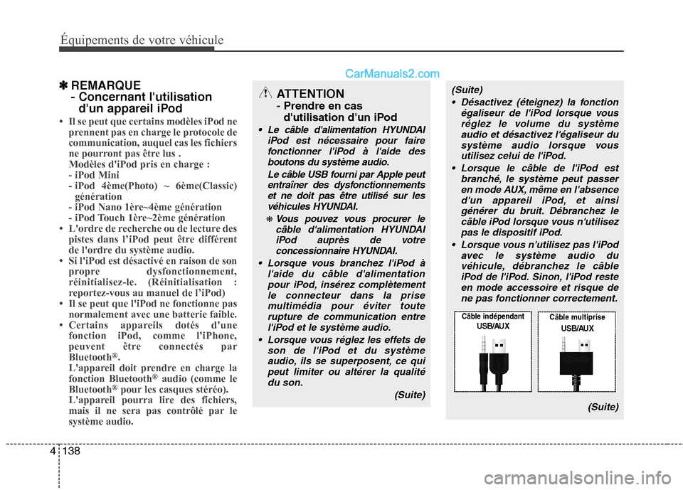 Hyundai Sonata 2012  Manuel du propriétaire (in French) Équipements de votre véhicule
138
4
✽✽
REMARQUE - Concernant lutilisation
dun appareil iPod
