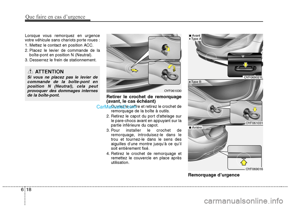 Hyundai Sonata 2012  Manuel du propriétaire (in French) Que faire en cas d’urgence
18
6
Lorsque vous remorquez en urgence 
votre véhicule sans chariots porte roues : 
1. Mettez le contact en position ACC.
2. Placez le levier de commande de la
boîte-pon