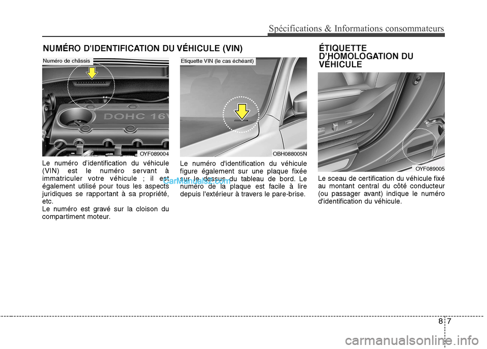 Hyundai Sonata 2012  Manuel du propriétaire (in French) 87
Spécifications & Informations consommateurs
NUMÉRO DIDENTIFICATION DU VÉHICULE (VIN)
Le numéro d’identification du véhicule 
(VIN) est le numéro servant à
immatriculer votre véhicule ; i