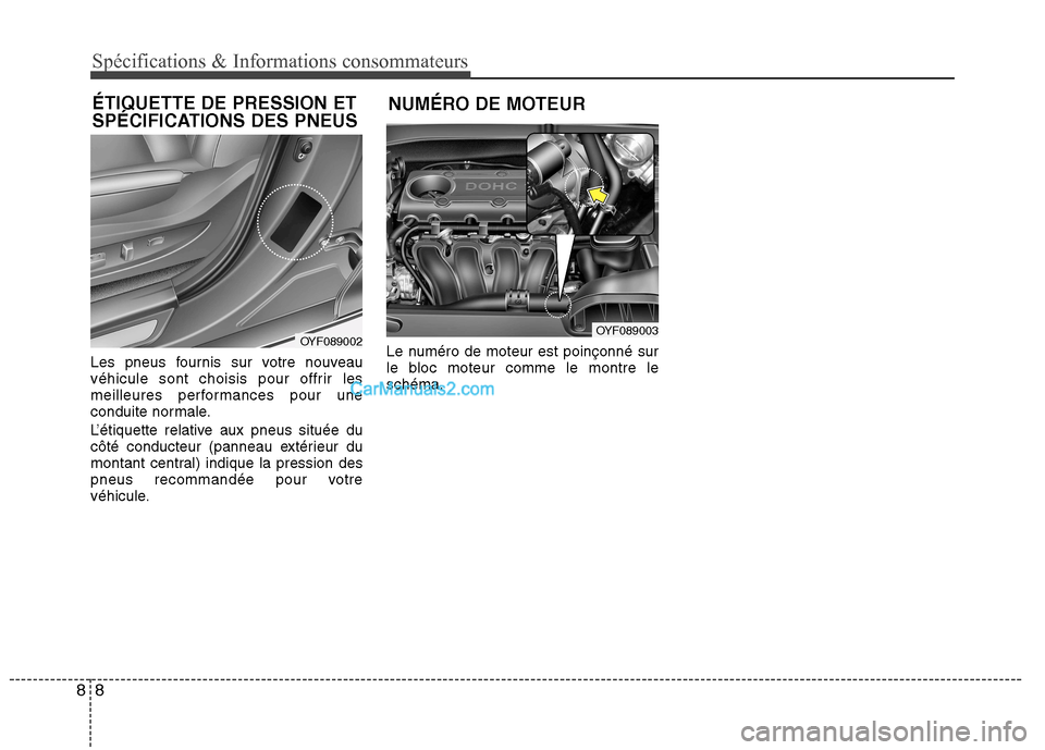 Hyundai Sonata 2012  Manuel du propriétaire (in French) Spécifications & Informations consommateurs
8
8
Les pneus fournis sur votre nouveau 
véhicule sont choisis pour offrir les
meilleures performances pour une
conduite normale. 
L’étiquette relative