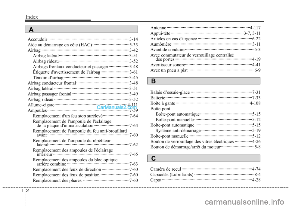 Hyundai Sonata 2012  Manuel du propriétaire (in French) Index
2
I
Accoudoir·······································································3-14 
Aide au démarrage en côte (HAC)