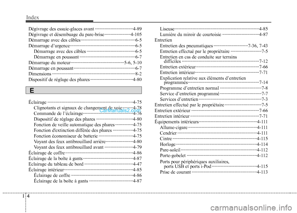 Hyundai Sonata 2012  Manuel du propriétaire (in French) Index
4
I
Dégivrage des essuie-glaces avant ································4-89 
Dégivrage et désembuage du pare-brise ······················4