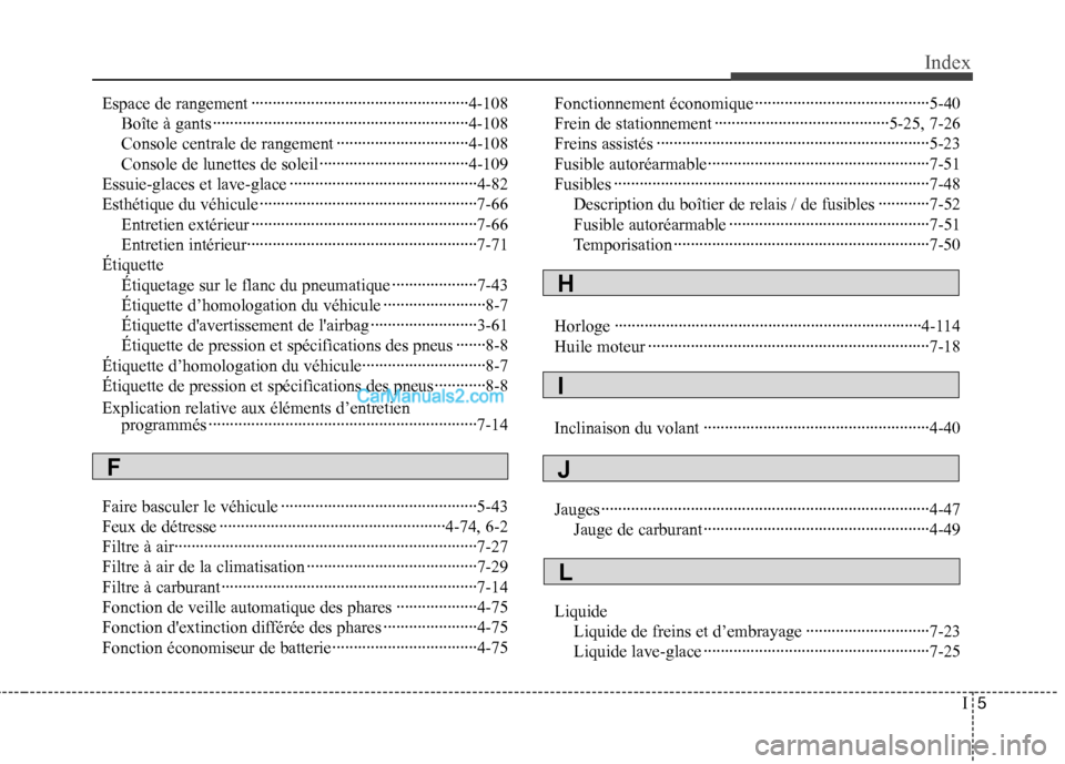 Hyundai Sonata 2012  Manuel du propriétaire (in French) I5
Index
Espace de rangement ···················································4-108
Boîte à gants ·······················