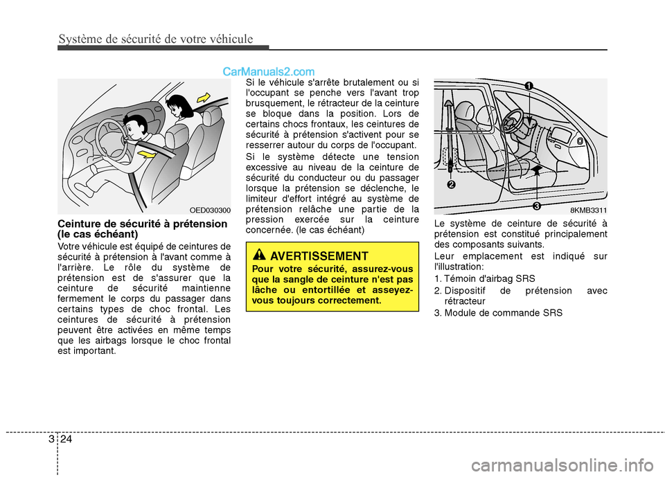Hyundai Sonata 2012 Manuel du propriétaire (in French) Système de sécurité de votre véhicule
24
3
Ceinture de sécurité à prétension
(le cas échéant)
Votre véhicule est équipé de ceintures de
sécurité à prétension à lavant comme à
l Hyundai Sonata 2012 Manuel du propriétaire (in French) Système de sécurité de votre véhicule
24
3
Ceinture de sécurité à prétension
(le cas échéant)
Votre véhicule est équipé de ceintures de
sécurité à prétension à lavant comme à
l