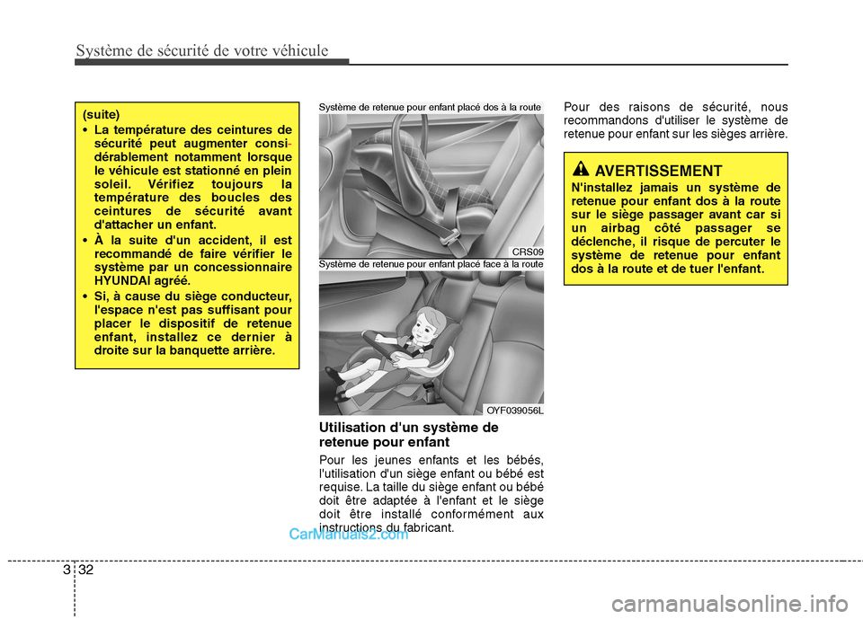 Hyundai Sonata 2012 Manuel du propriétaire (in French) Système de sécurité de votre véhicule
32
3
Utilisation dun système de
retenue pour enfant
Pour les jeunes enfants et les bébés,
lutilisation dun siège enfant ou bébé est
requise. La t Hyundai Sonata 2012 Manuel du propriétaire (in French) Système de sécurité de votre véhicule
32
3
Utilisation dun système de
retenue pour enfant
Pour les jeunes enfants et les bébés,
lutilisation dun siège enfant ou bébé est
requise. La t