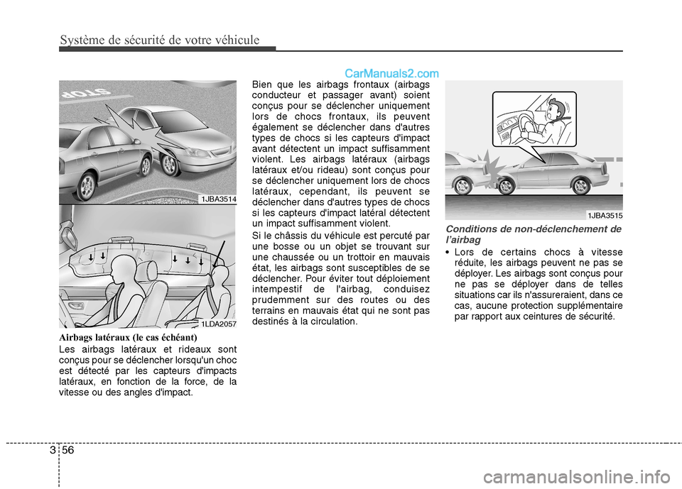 Hyundai Sonata 2012 Manuel du propriétaire (in French) Système de sécurité de votre véhicule
56
3
Airbags latéraux (le cas échéant)
Les airbags latéraux et rideaux sont conçus pour se déclencher lorsquun chocest détecté par les capteurs di Hyundai Sonata 2012 Manuel du propriétaire (in French) Système de sécurité de votre véhicule
56
3
Airbags latéraux (le cas échéant)
Les airbags latéraux et rideaux sont conçus pour se déclencher lorsquun chocest détecté par les capteurs di