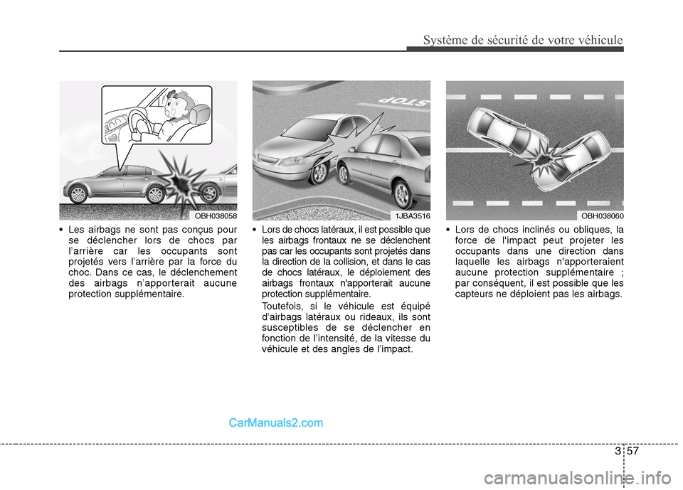 Hyundai Sonata 2012 Manuel du propriétaire (in French) 357
Système de sécurité de votre véhicule
Les airbags ne sont pas conçus pourse déclencher lors de chocs par
l’arrière car les occupants sont
projetés vers l’arrière par la force du
ch Hyundai Sonata 2012 Manuel du propriétaire (in French) 357
Système de sécurité de votre véhicule
Les airbags ne sont pas conçus pourse déclencher lors de chocs par
l’arrière car les occupants sont
projetés vers l’arrière par la force du
ch