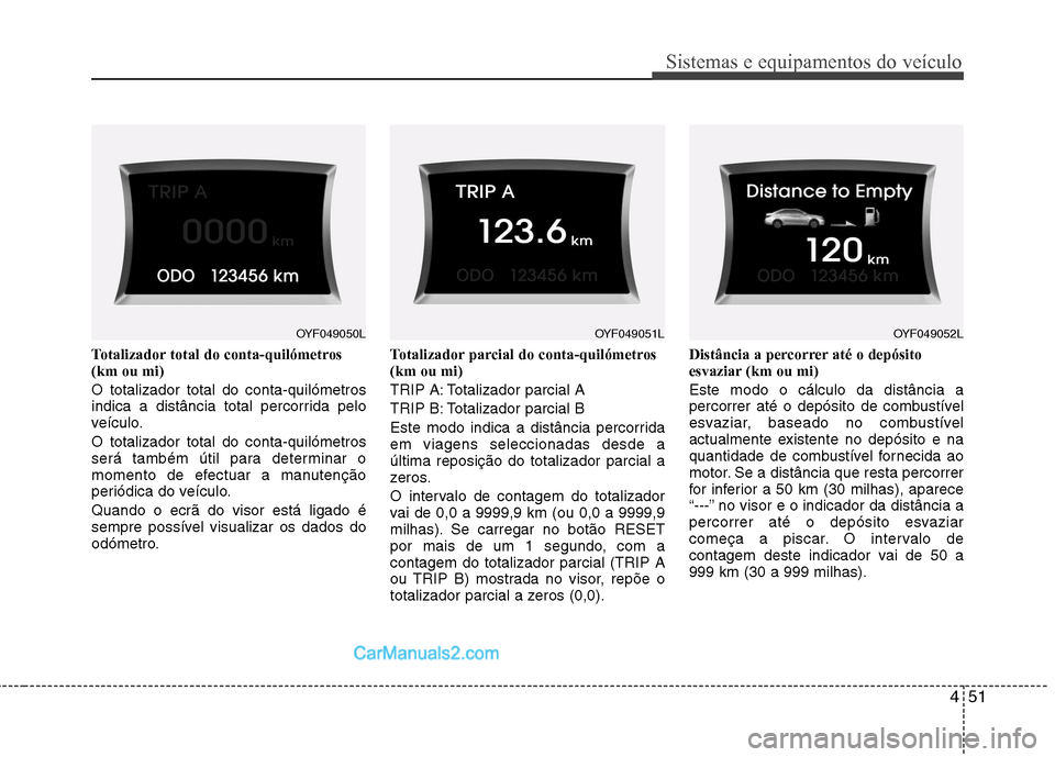 Hyundai Sonata 2012  Manual do proprietário (in Portuguese) 451
Sistemas e equipamentos do veículo
Totalizador total do conta-quilómetros (km ou mi) O totalizador total do conta-quilómetros 
indica a distância total percorrida pelo
veículo. O totalizador 