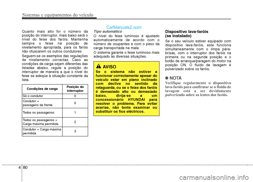 Hyundai Sonata 2012  Manual do proprietário (in Portuguese) Sistemas e equipamentos do veículo
80
4
Quanto mais alto for o número da 
posição do interruptor, mais baixo será o
nível do feixe dos faróis. Mantenha
sempre o feixe na posição de
nivelament