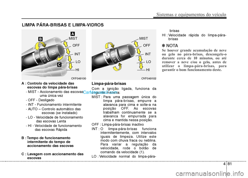 Hyundai Sonata 2012  Manual do proprietário (in Portuguese) 481
Sistemas e equipamentos do veículo
A : Controlo da velocidade dasescovas do limpa pára-brisas
· MIST - Accionamento das escovas uma única vez 
· OFF - Desligado 
· INT - Funcionamento interm