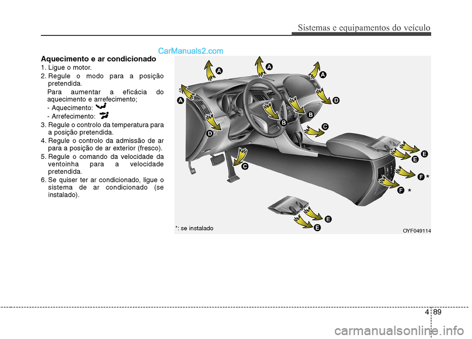 Hyundai Sonata 2012  Manual do proprietário (in Portuguese) 489
Sistemas e equipamentos do veículo
Aquecimento e ar condicionado 
1. Ligue o motor.
2. Regule o modo para a posiçãopretendida.
Para aumentar a eficácia do 
aquecimento e arrefecimento; - Aquec
