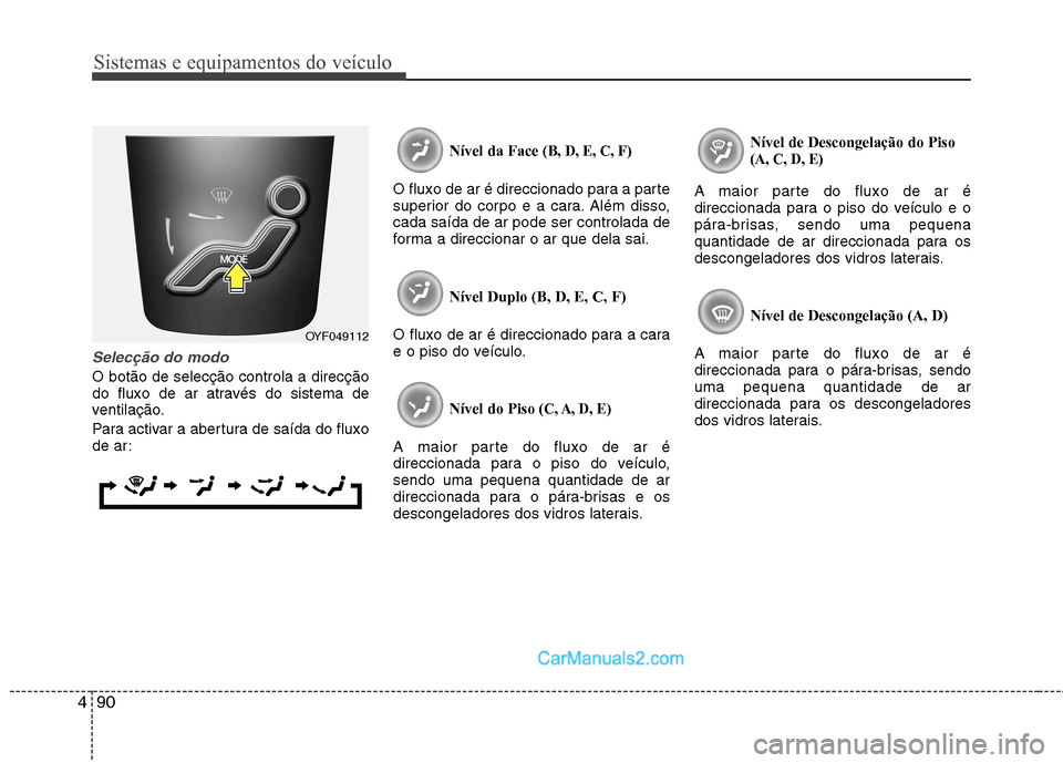 Hyundai Sonata 2012  Manual do proprietário (in Portuguese) Sistemas e equipamentos do veículo
90
4
Selecção do modo
O botão de selecção controla a direcção 
do fluxo de ar através do sistema de
ventilação. 
Para activar a abertura de saída do flux